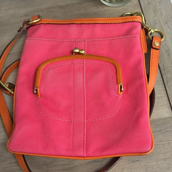AUTHENTIC COACH Crossbody Pink Orange SWING PACK W/KISS LOCK CHANGE PURSE - Picture 4 of 8